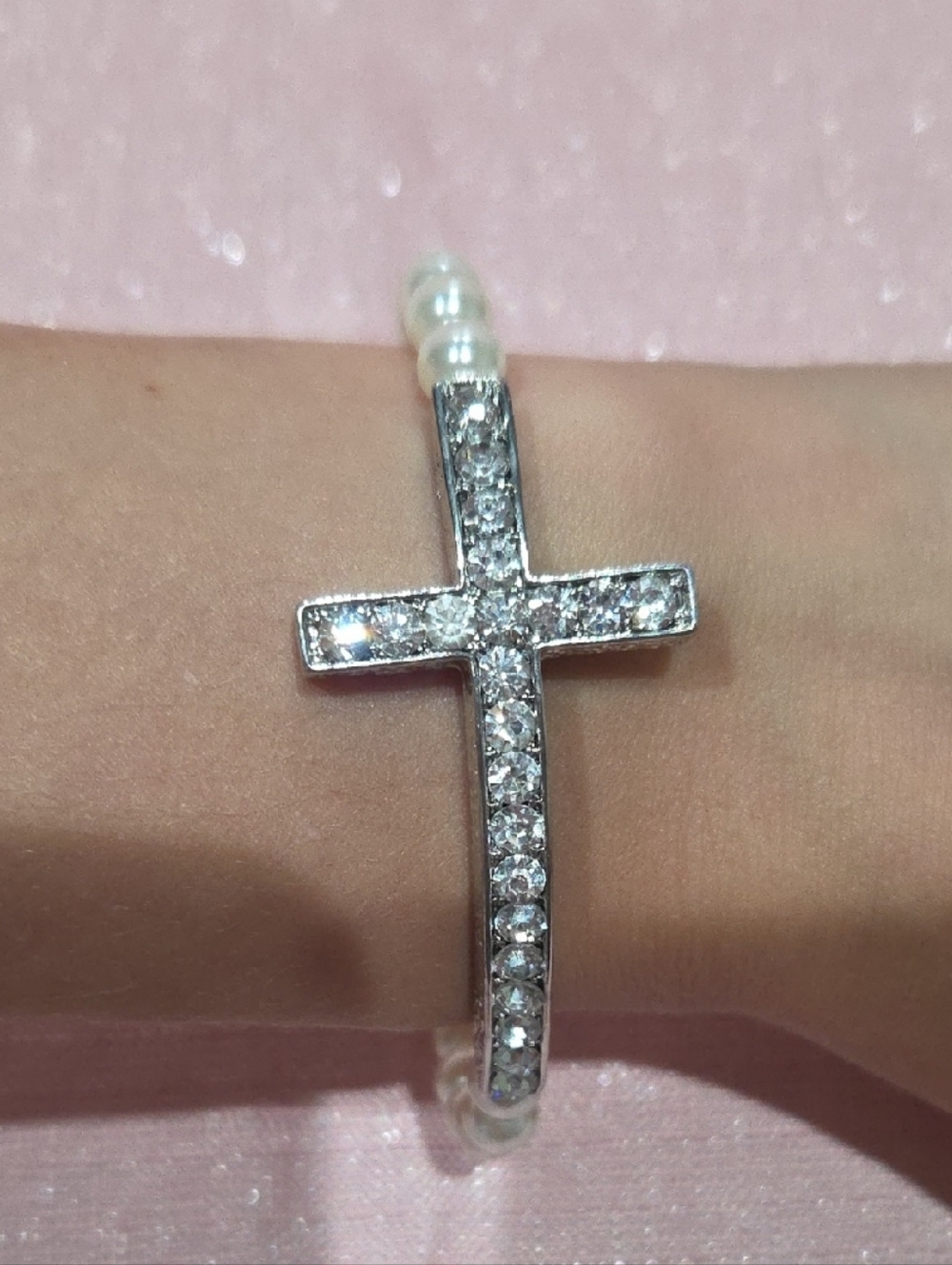 Faux Silver Crystal Cross Pearl Bracelet - Women's Jewelry
